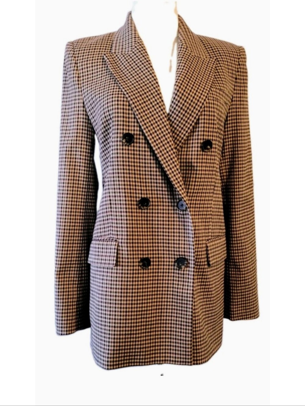 Zara Textured Brown Check Double Breasted Blazer Jacket Size S Office Business